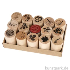 Deco Art Stempel - Blumen und Blätter, Holz, 20 mm, 15 Stück sortiert