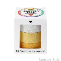 Glitter-Tape Set - Gold + Silber, 15 mm, 3 Rollen, je 5 m