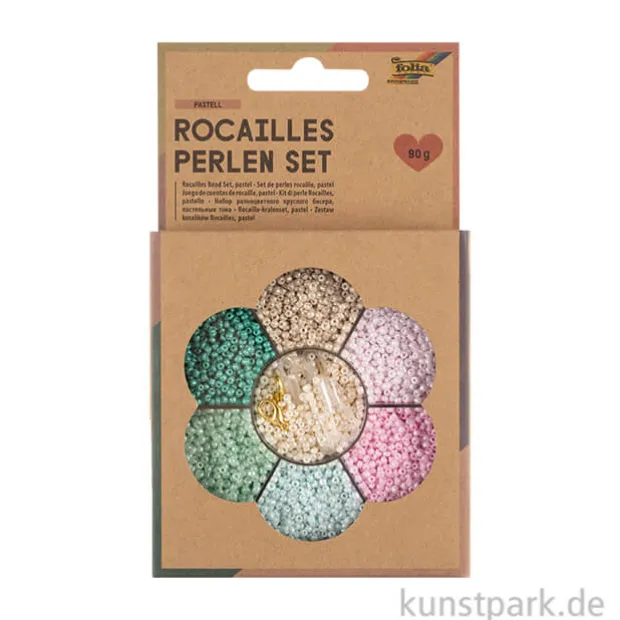 Rocailles Perlen Set - Pastell, 90g Perlen mit Nylonfäden + Zubehör