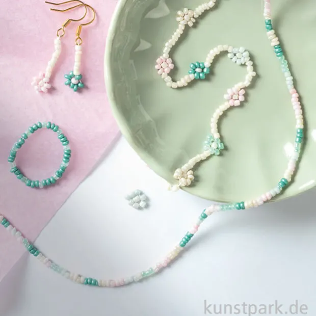 Rocailles Perlen Set - Pastell, 90g Perlen mit Nylonfäden + Zubehör