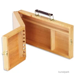 Utensilienkoffer aus hellem Holz, klappbar mit Pinselfächern